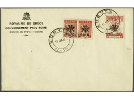 French Administration Korce 1916. 10 centimes on 2 lepta red and 25 centimes on 3 lepta orange in pair on philatelic cover 12