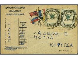 Republic of Korce 1917-1918. Double Eagle 5 cents grey and green (2x) on French Military Postcard Bilista 30-6-1917 to Korce,