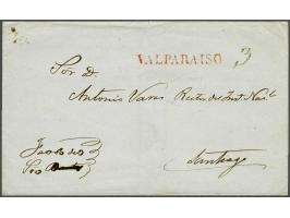 Undated folded letter without contents with the rare straight line cancel Valparaiso and written postage 3 to Santiago, very 