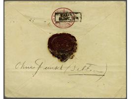 Envelop 10 kopeke red (value imprint at reverse) with boxed cachet Kajana 23-12-1856 to Tonnea (vertically folded). Rare canc