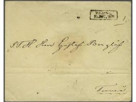 Envelop 10 kopeke red (value imprint at reverse) with boxed cachet Kajana 23-12-1856 to Tonnea (vertically folded). Rare canc