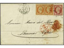 Napoleon III 40 centimes orange (2x) and 80 centimes rose on letter from Paris 8-1-1868 to Buenos Aires (Argentina), fine/ver