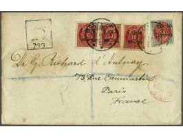 Gildi overprints 10 aur red perforated 12¾ in strip of 3 and 50 aur light blue and red perforated 12¾ on registered cover fro