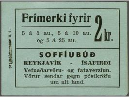booklet 2 kronur with advertisements (Facit nr. H5) containing cod 5 aur brown (5x), herring 10 aur green (5x) and cod 25 aur