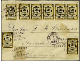 Willem III 10 cent geelbruin tanding 12½ x 12 en Hulpuitgifte 2½ cent geel en zwart (8x w.b. strip van 5) op brief van Parama