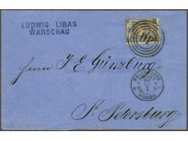 10 kopeke blue and red with cancellation DP in 4 circles on cover from Warsaw 28-1-1864 to Saint Petersburg, very fine (name 