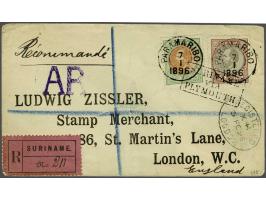 Willem III 1 gulden bruin en grijs en 2½ gulden groen en oranjebruin op filatelistische aangetekende envelop van Paramaribo 7