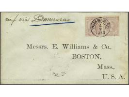 Hangend Haar 12½ cent lichtviolet in paar op envelop van Paramaribo 4-9-1893 via Port of Spain en New York naar Boston met ge