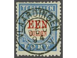 1 gulden blauw en rood type III tanding 12½ x 12 met variëteit  een gulden dubbel gedrukt, vrijwel pracht ex. (boventanding),