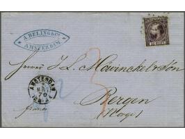 25 cent donkerviolet type II tanding 12¾ x 11¾ grote gaten op briefomslag van Amsterdam 3-3-1870 via Christiania naar Bergen 
