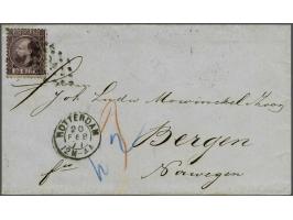 25 cent donkerviolet type II tanding 12¾ x 11¾ grote gaten op briefomslag van Rotterdam 20-2-1871 naar Bergen (N) met geschre