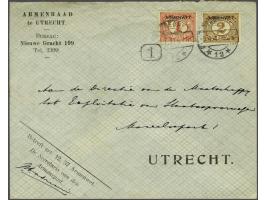 Armenwet 1 cent rood en 2 cent bruin op lokaal verzonden envelop van de Armenraad te Utrecht 5-4-1917, pracht ex. (klein stuk