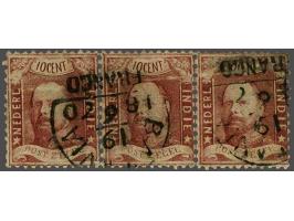 10 cent karmijnrood in strip van 3, vrijwel pracht ex. (linkerzegel miniem schaafplekje achterzijde en tandje missend), cat.w