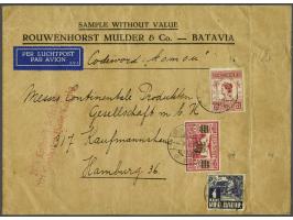 2½ gulden Wilhelmina met 1 cent karbouw en 30 op 10 cent luchtpost, op sample without value (monster zonder waarde) Batavia-H