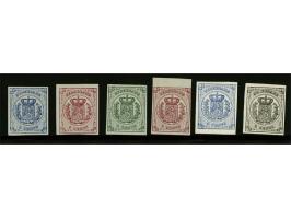 Plaatproeven 5 cents in boekdruk door Joh. Enschedé & Zonen te Haarlem in donkerblauw, groen en karmijn op dun wit papier, in