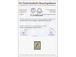 20 cent olijfgroen met variëteit kopstaande opdruk gesigneerd Hekker en Koopman en met certificaat NKD 2017, cat.w. 500