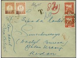 5 cent definitive (2x) on insufficiently stamped cover, Limapoeloeh 20-9-24 to Medan 20-9-26. Postage due 20 cents paid with 