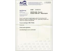 Proef 5 cents zwart met hoge letters NEDERLAND, leeuw met kop achterover en grote 5 op geglaceerd papier, pracht ex. met cert