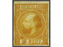 Ongetande kleurproef 10 cent type I door J.W. van Kempen te Voorschoten in goudgeel, pracht ex.