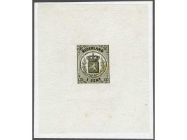 Proef 1 cent zwart met eikentakken vrij van de kroon op zeer dun papier, vrijwel pracht ex. (enkele minieme oxydatieplekjes) 