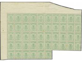 1 cent groen tanding 13½ kleine gaten op dik papier in veldeel van 46 ex. met hoekvelrand. Vouwtje door posities 16-20, schaa