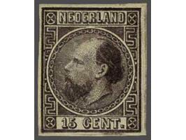 Ongetande kleurproef 15 cent type I door J.W. van Kempen te Voorschoten in donkerviolet, pracht ex.