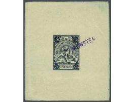 Stempelproef 7½ gulden zwartblauw in velletje van 69x80 mm met opdruk Monster in violet, pracht ex. (verhoogde randen afgekni