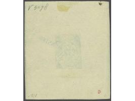Stempelproef 7½ gulden zwartblauw in velletje van 69x80 mm met opdruk Monster in violet, pracht ex. (verhoogde randen afgekni