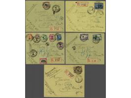 12 verschillende waarden emissie Londen 1915 w.b. 5 franken nr. 147 en 10 frank nr. 149 op 5 aangetekende filatelistische env