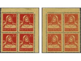 Wilhelm Tell 20 centimes orange red on yellow orange with variety complete mirrorprint at reverse in block of 4 with sheet co