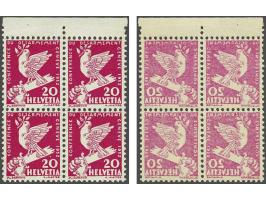 Pigeon with broken Sword 20 centimes carmine lilac with variety complete mirrorprint at reverse in block of 4 with sheet marg