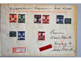 Mi. nrs. 14-39 op 3 filatelistische grootformaat enveloppen van Krakau 6-4-1940 naar Leipzig, pracht ex.
