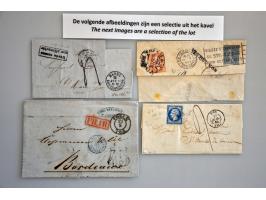 ruim 60 poststukken ca. 1840-1920 w.b. van en naar het buitenland, beport, valeurs d'écrouvées etc. in albumpje