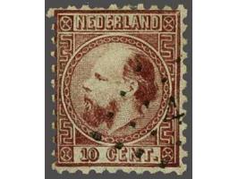10 cent karmijn type I tanding 10½ x 10¼, vrijwel pracht ex. met certificaat Vleeming 2018: boven enkele korte tandjes, overi