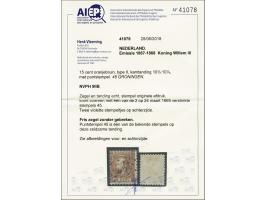 15 cent oranjebruin type II tanding 10½ x 10¼, pracht ex. met certificaat Vleeming 2018, cat.w. 1500