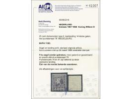 25 cent donkerviolet type II tanding 14 kleine gaten, pracht ex. met certificaat Vleeming 2018: Fris zegel zonder gebreken, m