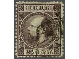 25 cent donkerviolet type II tanding 14 kleine gaten met deel franco-takjestempel Rotterdam, pracht ex. met certificaat Vleem