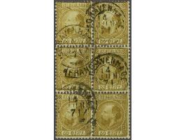 50 cent goudkleur type I tanding 12¾ x 11¾ in blok van 6 met franco-takjestempel 's Gravenhage 14-6-1871, pracht ex., cat.w. 