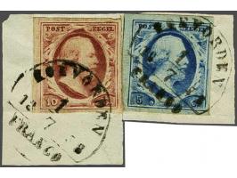 Koevorden B (Ey 300+125) op 5 cent blauw plaat III en 10 cent dofrood plaat V op fragment, pracht ex.