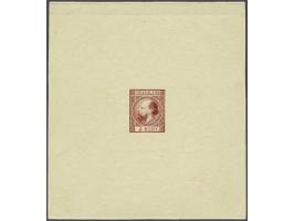 Goedgekeurde stempelproef 5 cent type I in donkerkarmijn op wit perkament papier in compleet velletje van 97x105 mm, pracht e