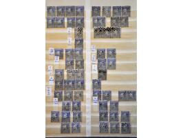5 cent blauw en 10 cent karmijn, voorraad gestempeld deels op positie gesorteerd. Totaal ruim 2300 ex. w.b. paren, strippen, 