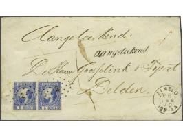 5 cent blauw type II tanding 13½ kleine gaten in paar op aangetekende envelop van Almelo 28-2-1870 naar Delden, pracht ex.