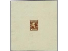 Goedgekeurde stempelproef 5 cent type I in roestbruin op wit perkament papier in compleet velletje van 97x105 mm, pracht ex. 
