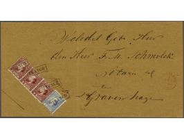 5 cent blauw type I tanding 12¾ x 11¾ en 10 cent karmijn type I tanding 12¾ x 11¾ in strip van 3 op envelop van Dirksland 6-3