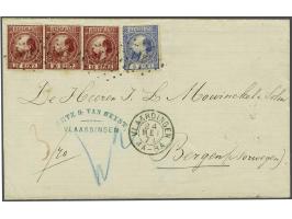 5 cent blauw type II tanding 13½ kleine gaten en 10 cent karmijn type II tanding 13½ kleine gaten (3x) op briefomslag van Vla