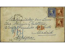 5 cent blauw type II tanding 13½ kleine gaten en 15 cent oranjebruin type I tanding 12¾ x 11¾ (2x) op envelop van Amsterdam 1