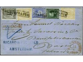 5 cent blauw type I tanding 12¾ x 11¾, 20 cent groen type I tanding 12¾ x 11¾, emissie Rijkswapen 1 cent zwart tanding 14 kle
