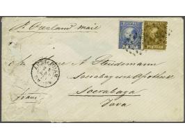 5 cent blauw type II tanding 13½ kleine gaten en 50 cent goudkleur type I tanding 12¾ x 11¾ op envelop met geschreven Pr Over