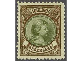 1 gulden bruin en olijfgroen tanding 11½ x 11, miniem tandvouwtje links, cat.w. 1250