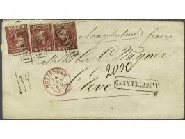 10 cent karmijn type II tanding 12¾ x 11¾ (3x) op aangetekende envelop van Rotterdam 14-1-1869 naar Kleef. Juist tarief van 3